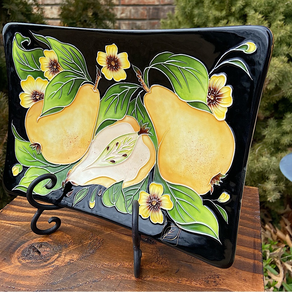 NWT - J. McCall Blue Sky Pear Enamel Black Serving Tray - Picture 2 of 9